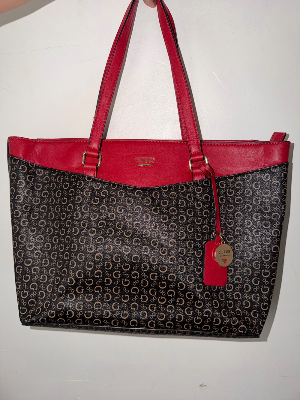 Guess Black Monogram Tote with Red Trim